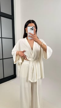 Ekru Kuşaklı Kimono Beli Lastikli Cepli Pantolon Keten Takım Gaus00397GausTAKIMGU1001930