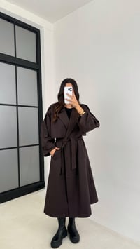 Kahve Mavi Çizgi Detaylı Kuşaklı Astarlı Premium Uzun Trençkot GAUS-00120GAUSTRENÇKOTGAUS-00120