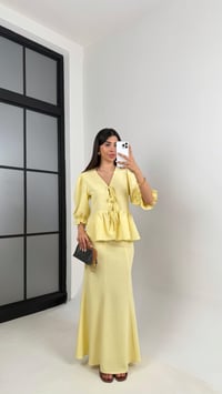 Sarı Önden Bağlama Detaylı Balon Kol Bluz Etek İkili Pinterest Keten Takım Gaus00570 GausTAKIMGU1002330