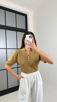Sarı Simli Polo Yaka Düğmeli Triko Kazak GAUS-00469GAUSKAZAKGAUS-00469