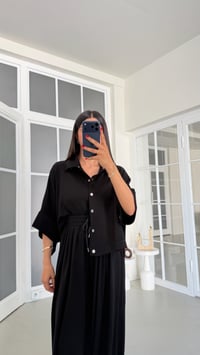 Siyah Yarasa Kol Çıtçıt Düğmeli Ceket Beli Lastikli Şalvar Pantolon İkili Modal Takım GAUS-01835GAUSSuitsGAUS-01835