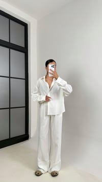 Beyaz Gömlek Beli Lastikli Katlama Detaylı MD Muadil Premium Keten Takım Gaus00591GausTAKIMGU1002381