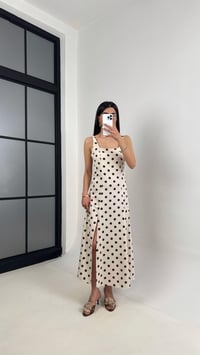 Taş Kahve Puantiyeli Askılı Yırtmaçlı Keten Elbise Gaus00402GausELBİSEGU1001942