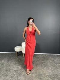 Nar Çiçeği Boyundan Bağlamalı Puantiyeli ElbiseGausELBİSEGU007940