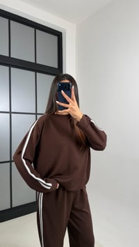 Acı Kahve Şerit Detaylı Sweatshirt Beli Lastikli Eşofman İkili Modal Takım GAUS-00621GAUSTAKIMGAUS-00621