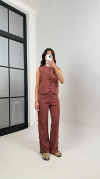 Kiremit Düğmeli Tasarım Yelek Pantolon Keten Takım Gaus00339GausTAKIMGU1001787