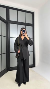 Siyah Belden Kuşaklı Ceket Beli Lastikli Pantolon İkili Takım GAUS-01206GAUSTAKIMGAUS-01206