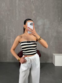 Siyah Beyaz Çizgili Straplez Crop Gaus00213GausCROPGU1001496