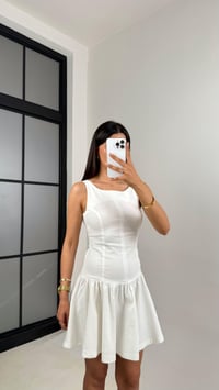 Beyaz Sıfır Kollu Fermuarlı Pileli Denim Elbise Gaus00610GausELBİSEGU1002428