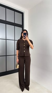 Acı Kahve Gold Düğmeli Balon Kol Ceket Beli Lastikli Pantolon Kumaş Takım GAUS-00748GAUSTAKIMGAUS-00748
