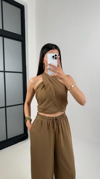 Kahve Boyundan Bağlamalı Crop Beli Lastikli Cepli Pantolon Keten Takım Gaus00418GausTAKIMGU1001977