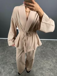 Guta Sütlü Kahve Keten Karışımlı Yarım Astarlı Pantolon Kimono İkili TakımGausTAKIMGU008624