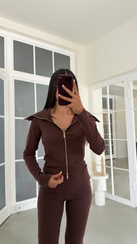 Kahve Geniş Yakalı Crop Hırka Beli Lastikli Eşofman İkili Basic Takım GAUS-02156GAUSTAKIMGAUS-02156
