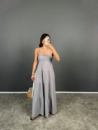 Roderika Gri Müslin Astarlı Uzun Askılı ElbiseGausELBİSEGU008364