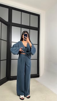 İndigo Mavi Düğme Detaylı Kimono Pantolon MD Muadil Tencel Takım GAUS-01451GAUSTAKIMGAUS-01451