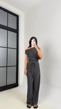 Antrasit Asimetrik Bluz Beli Lastikli Pantolon Bürümcük Takım Gaus00532GausTAKIMGU1002244