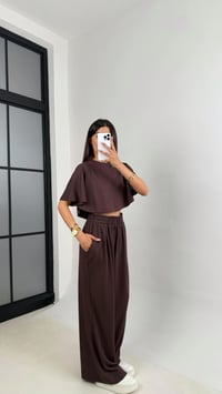 Kahve Crop Beli Lastikli Palazzo Eşofman İkili Modal Kumaş Takım GAUS-01219GAUSTAKIMGAUS-01219