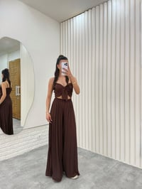 Acı Kahve  Ayarlanabilir Askılı  Önü Bağlamalı Crop Pileli Pantolon Takım Gaus00310GausTAKIMGU1001709