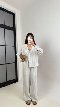 Mavi Beyaz Çizgili Cepli Gömlek Beli Lastikli Pantolon Müslin Takım Gaus00580GausTAKIMGU1002352