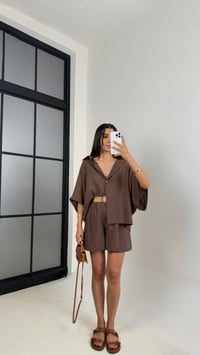 Kahve Gömlek Hasır Kemerli Şort İkili Tencel Takım Gaus00559GausTAKIMGU1002302