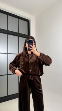 Kahve Çıtçıt Düğmeli Astarlı Ceket Beli Lastikli Pantolon Kadife Takım GAUS-00921GAUSTAKIMGAUS-00921