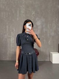 Antrasit Kısa Balon Kollu Kuşaklı İnce Denim Elbise Gaus00149GausELBİSEGU1001347