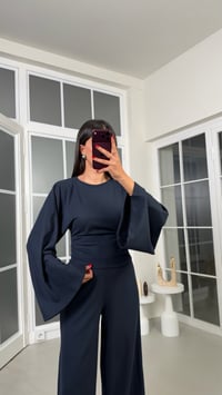 Lacivert Geniş Kol Bluz Beli Lastikli Pantolon İkili Kaşmir Dokulu Selanik Kumaş Takım GAUS-02293GAUSTAKIMGAUS-02293