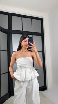 Beyaz Balon Bluz Beli Lastikli Şalvar Pantolon İkili Premium Takım GAUS-01569GAUSTAKIMGAUS-01569