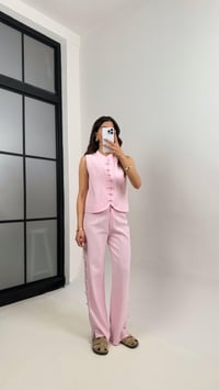 Pembe Düğmeli Tasarım Yelek Pantolon Keten Takım Gaus00339GausTAKIMGU1001790