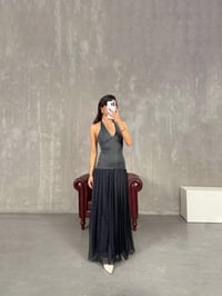 Lacivert Boyundan Bağlamalı Pileli Astarlı Elbise Gaus00215GausELBİSEGU1001498