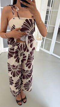 Kahve Ayarlanabilir Askılı Beli Lastikli Crop Pantolon İkili Desenli Takım GAUS-01749GAUSTAKIMGAUS-01749