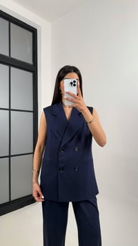 Lacivert Önü Düğmeli Astarlı Yelek Beli Lastikli Pantolon Tencel Premium Takım Gaus00366GausTAKIMGU1001849