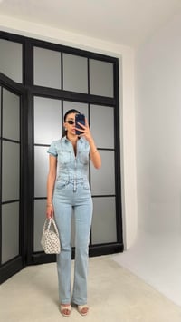 Açık Mavi İspanyol Paça Likralı Denim Tulum GAUS-01466GAUSTULUMGAUS-01466
