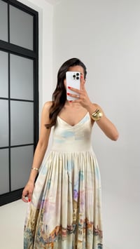 Taş Ayarlanabilir Askılı Desenli İthal Kumaş Tasarım Elbise Gaus00457GausELBİSEGU1002066