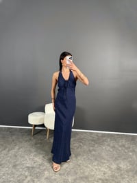 Lacivert Boyundan Bağlamalı Puantiyeli Elbise GausELBİSEGU007939