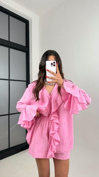 Pembe Yaka Fırfırlı Taş Detaylı Gömlek Şortlu Müslin Takım Gaus00511GausTAKIMGU1002202