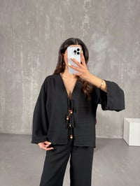 Siyah Önden Bağlamalı Keten Kimono Takım Gaus00101GausTAKIMGU1001220