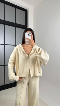 Ekru Kapüşonlu Hırka Beli Lastikli Pantolon İkili Triko Takım GAUS-00564GAUSTAKIMGAUS-00564