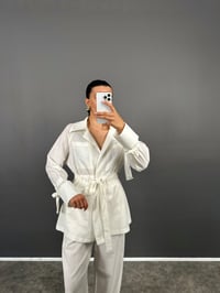 Arley Ekru Kuşak Bağlamalı Cepli Üst Pantolon Pamuk Karışımlı Keten Kimono TakımGausTAKIMGU008789