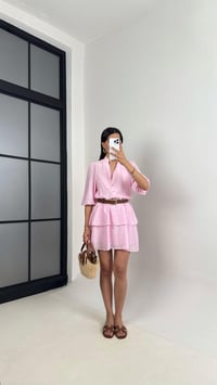 Pembe V Yaka Astarlı Kemerli Önü Düğmeli Tencel Elbise Gaus00450GausELBİSEGU1002049