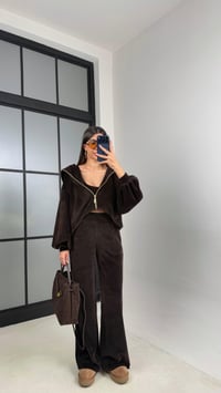 Acı Kahve Kapüşonlu Hırka Crop Beli Lastikli Pantolon 3'lü Kadife Takım GAUS-00875GAUSTAKIMGAUS-00875