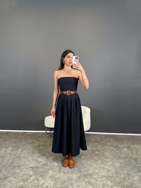 Lacivert Straplez Uzun Kemerli Elbise GausELBİSEGU004661
