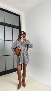 Kahve Ekose Desenli Kemerli Tasarım Elbise GAUS-01162GAUSDressesGAUS-01162