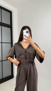 Kahve Yıkama Desenli Kapüşonlu Crop Hırka Beli Lastikli Pantolon İkili Premium Takım GAUS-0063GAUSTAKIMGAUS-0063