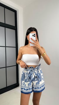 Mavi Etnik Desenli Kuşaklı Saten Şort GAUS-0021GAUSŞORTGAUS-0021
