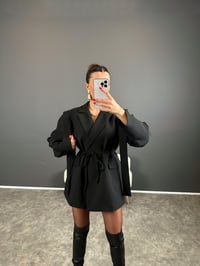Anis Premium Siyah Çizgili Bağlamalı Astarlı Blazer Ceket GausCEKETGU004331