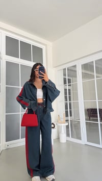 Kırmızı Şerit Detaylı Ceket Beli Lastikli Pantolon İkili Denim Takım GAUS-02094GAUSTAKIMGAUS-02094