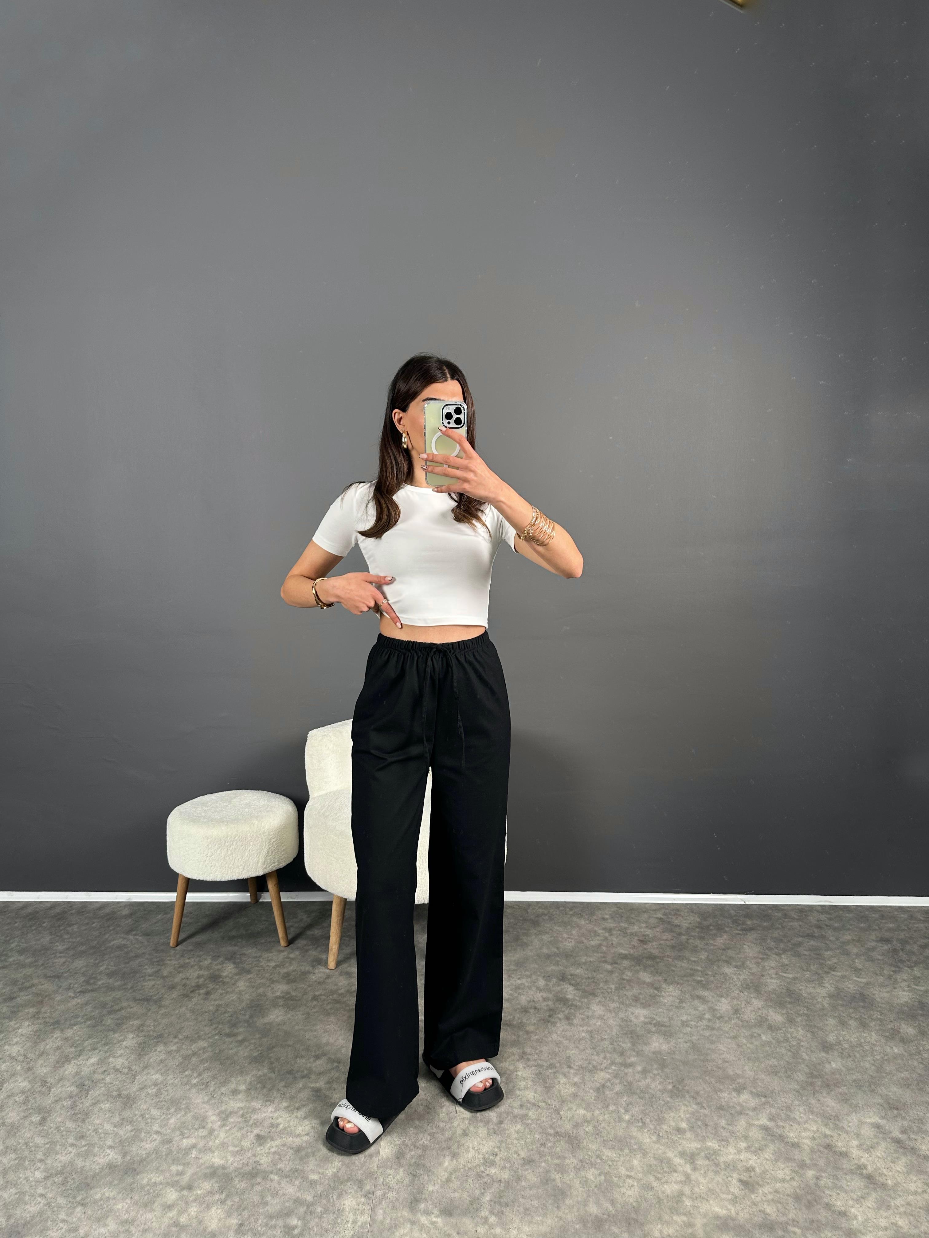 Nia Siyah Keten Beli Lastikli PantolonGausPANTOLONGU007254