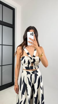 Ekru Desenli Beli Lastikli Crop Cepli Pantolon İkili Premium Takım Gaus00676GausTAKIMGU1002557