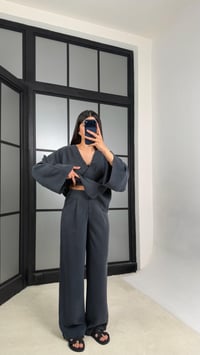 Füme Düğme Detaylı Kimono Pantolon MD Muadil Tencel Takım GAUS-01451GAUSTAKIMGAUS-01451